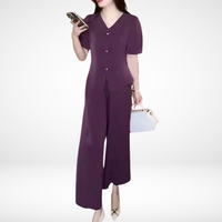 Elsie™ Elegant Short-Sleeve Two-Piece Set | V-Neck Top and Wide-Leg Pants - Purple