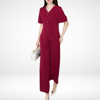 Elsie™ Elegant Short-Sleeve Two-Piece Set | V-Neck Top and Wide-Leg Pants - Burgundy