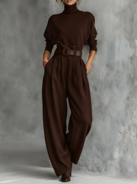 Jessica™ Elegant Top &amp; Straight-Leg Pants Set | Fitted Turtleneck and Tailored Trousers - Brown