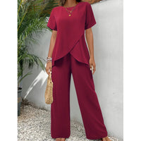 Lorrina™ Elegant Soft Two-Piece Set | Asymmetrical Blouse and Relaxed Pants - Red