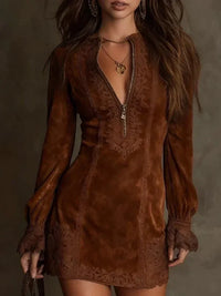 Short Suede Lace Dress Feminine & Sophisticated - Mocha Brown