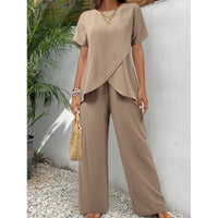 Lorrina™ Elegant Soft Two-Piece Set | Asymmetrical Blouse and Relaxed Pants - Khaki