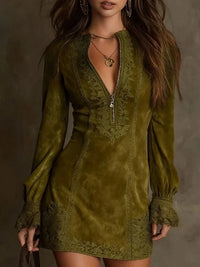 Short Suede Lace Dress Feminine & Sophisticated - Olive Green