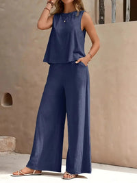 Danielle™ Sleeveless Two-Piece Set | Sleeveless Top and Wide-Leg Pants - Blue