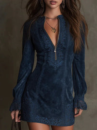 Short Suede Lace Dress Feminine & Sophisticated - Marine Blue