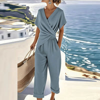 Colleen™ Elegant Two-Piece Set | Wrap-Front Top and Cropped Trousers - Blue