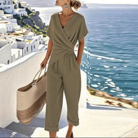 Colleen™ Elegant Two-Piece Set | Wrap-Front Top and Cropped Trousers - Khaki