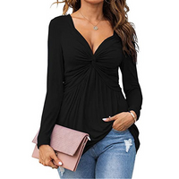 EMMA™ - Casual V-Neck Front Knotted Blouse with Long Sleeves - Black