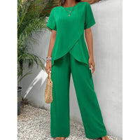 Lorrina™ Elegant Soft Two-Piece Set | Asymmetrical Blouse and Relaxed Pants - Green
