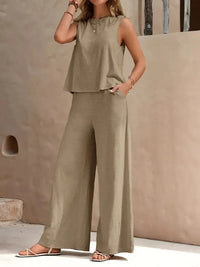 Danielle™ Sleeveless Two-Piece Set | Sleeveless Top and Wide-Leg Pants - Khaki