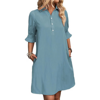 Franchesca™ - Casual Button Down Shirt Dress - Grey Blue