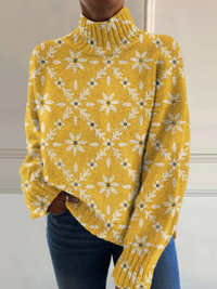 Claudette | Vintage colourful floral block print turtleneck sweater - Multicolour