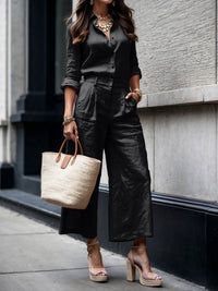 Nelle™ Elegant Shirt & Capri Set | Relaxed Shirt and Cropped Trouser Set - Black