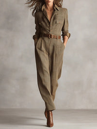 Rowena™ Brown Tweed Plaid Utility Jumpsuit | Timeless Brown Tweed Plaid Utility Jumpsuit - S