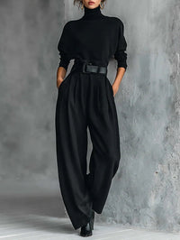 Jessica™ Elegant Top &amp; Straight-Leg Pants Set | Fitted Turtleneck and Tailored Trousers - Black