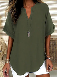 SEREIA™ - Casual Plain Short Sleeve Blouse - Dark Green