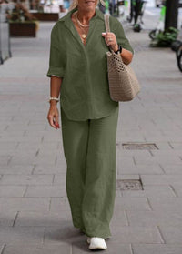 Denice™ Elegant Casual Two Piece Set | Relaxed Button-Up Top and Wide-Leg Trousers - Green