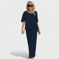 Wynonna™ Elegant Two-Piece Set | Layered Top and Wide-Leg Trousers - Navy Blue