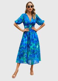 Merlin™ | Flattering Floral Midi Dress - Blue