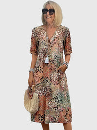 Bella | Elegant Floral Midi Dress - Sandy Beige