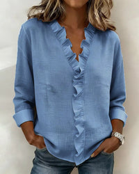 Indie | Blouse with Ruffles, V-Neck and Long Sleeves - Blue