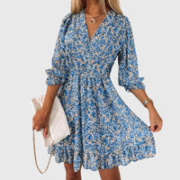 Elisa™ | Floral Puff Sleeve Dress - Blue