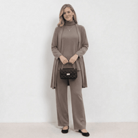 Barbara Cardigan Knit Top & Trousers Set | Refined Three-Piece Knit Co-Ord - Taupe