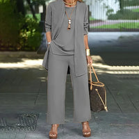 Laney™ Elegant Casual Three-Piece Set | Coordinated Top, Cardigan & Wide-Leg Trousers - Grey