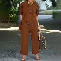 Laney™ Elegant Casual Three-Piece Set | Coordinated Top, Cardigan & Wide-Leg Trousers - Brown