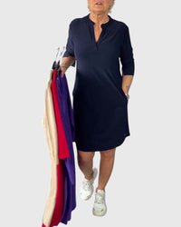 Katherine | Solid V-Neck Dress - Dark Blue