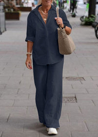 Denice™ Elegant Casual Two Piece Set | Relaxed Button-Up Top and Wide-Leg Trousers - Blue