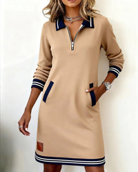 Chic Long Sleeve Cotton Dress - Beige