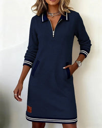Chic Long Sleeve Cotton Dress - Navy Blue