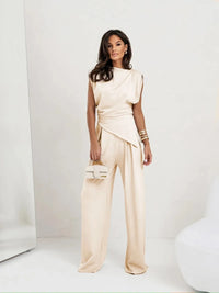 Diann™ Elegant Two-Piece Set | Draped Top and Wide-Leg Trousers - White
