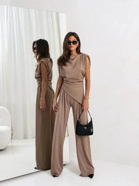 Diann™ Elegant Two-Piece Set | Draped Top and Wide-Leg Trousers - Brown