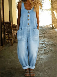 Lenna – Vintage Cotton Denim Jumpsuit - Light Blue