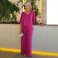 Sarina™ Elegant Two-Piece Set | V-Neck Top and Relaxed Trousers - Dark Pink