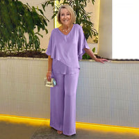 Sarina™ Elegant Two-Piece Set | V-Neck Top and Relaxed Trousers - Purple