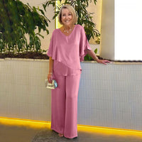 Sarina™ Elegant Two-Piece Set | V-Neck Top and Relaxed Trousers - Pink