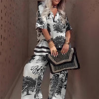Linette™ Printed V-Neck Top &amp; Long Pants | Two-Piece Relaxed Set - White
